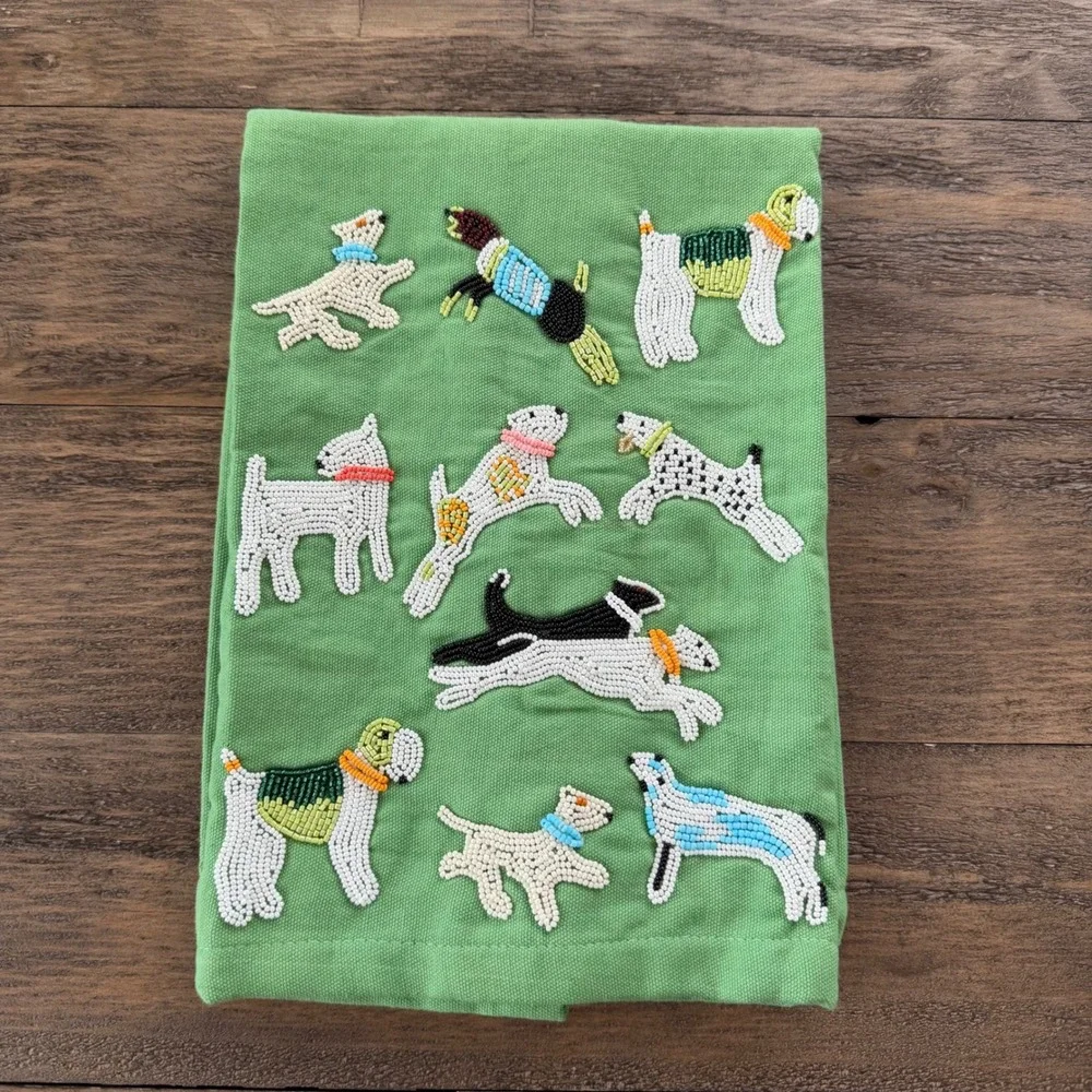 Saint Austin Green Beaded Dog Tea Towel Hand Embroidered Kitchen Decor 18x24‎